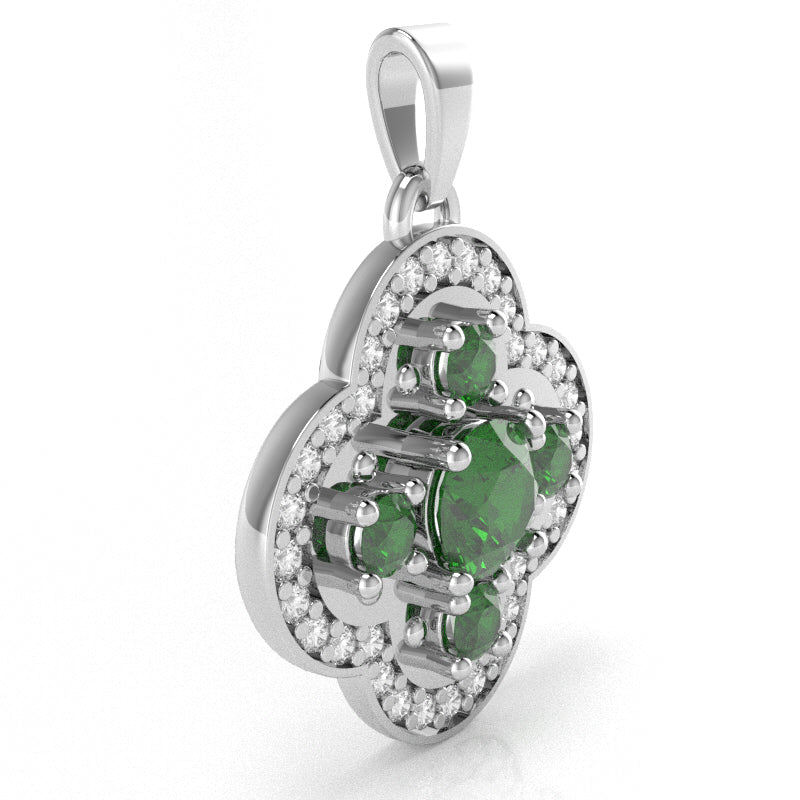 Shamrock Clover Flower Leaf Lab-Created Emerald Diamond Pendant In 14k White Gold