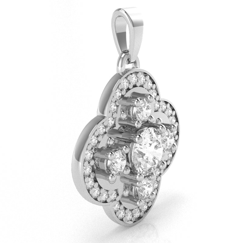 Shamrock Clover Flower Leaf White Topaz Diamond Pendant In 14k White Gold