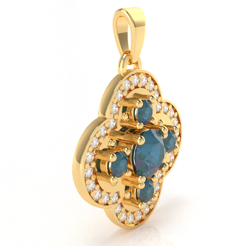 Shamrock Clover Flower Leaf Lab-Created Alexandrite Diamond Pendant In 14k Yellow Gold