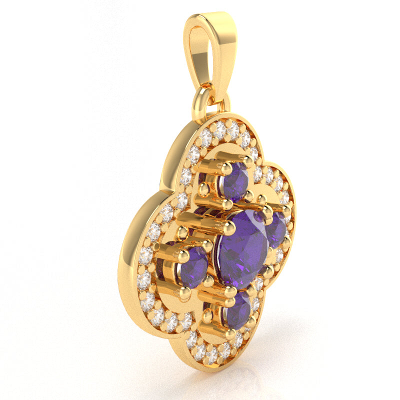 Shamrock Clover Flower Leaf Amethyst Diamond Pendant In 14k Yellow Gold