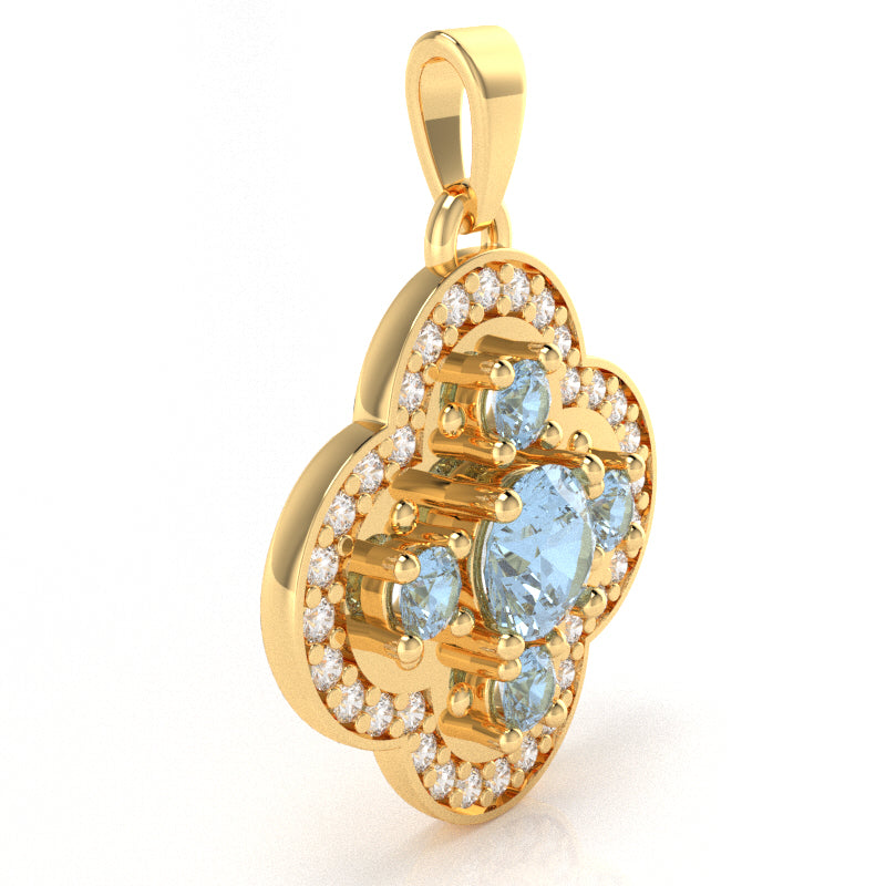 Shamrock Clover Flower Leaf Aquamarine Diamond Pendant In 14k Yellow Gold