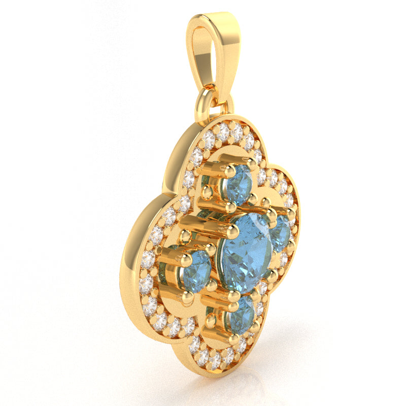 Shamrock Clover Flower Leaf Blue Topaz Diamond Pendant In 14k Yellow Gold