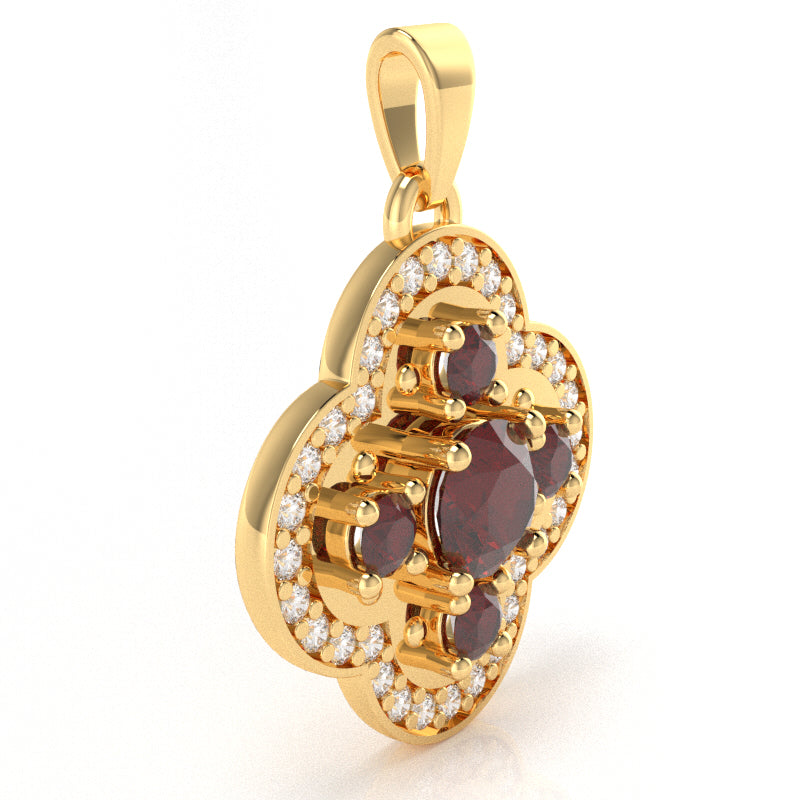 Shamrock Clover Flower Leaf Lab-Created Ruby Diamond Pendant In 14k Yellow Gold