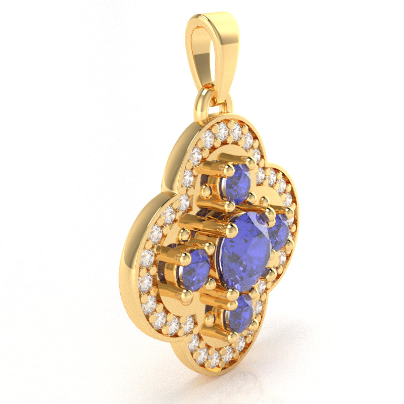 Shamrock Clover Flower Leaf Tanzanite Diamond Pendant In 14k Yellow Gold