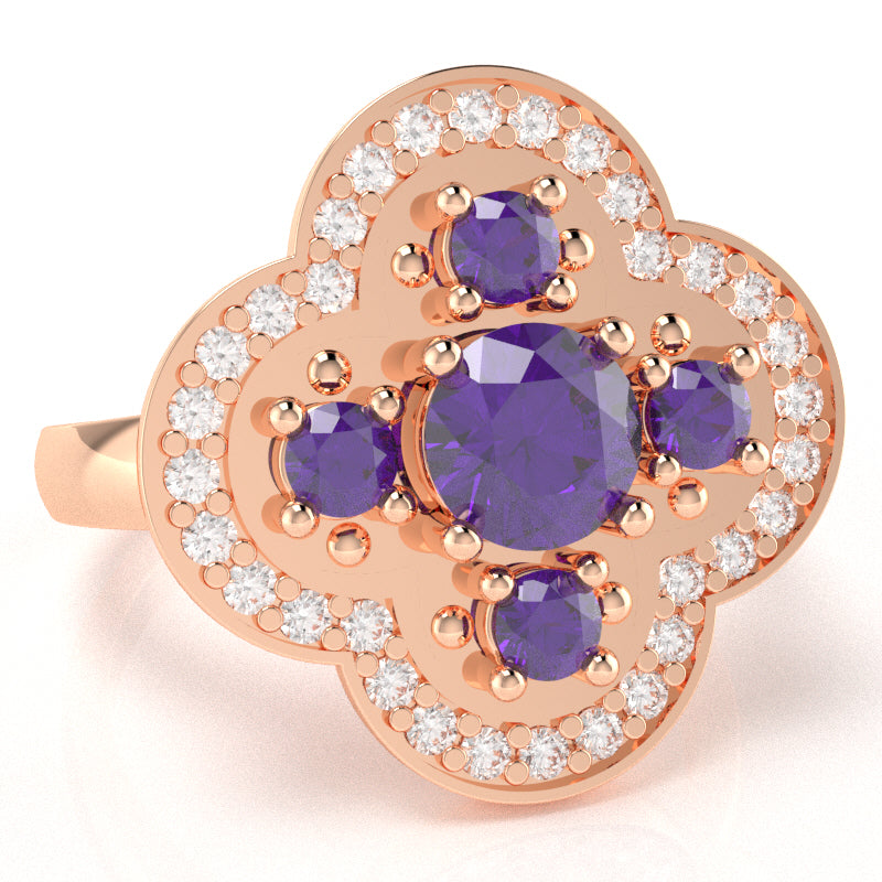 Shamrock Clover Flower Leaf Amethyst Diamond Ring In 14k Rose Gold