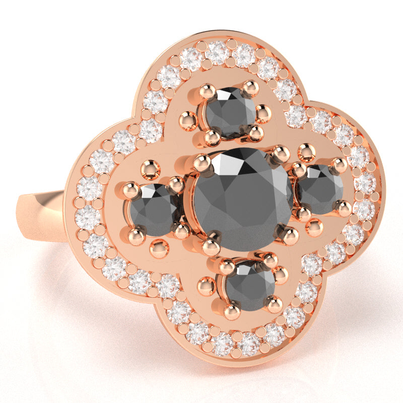 Shamrock Clover Flower Leaf Black Onyx Diamond Ring In 14k Rose Gold