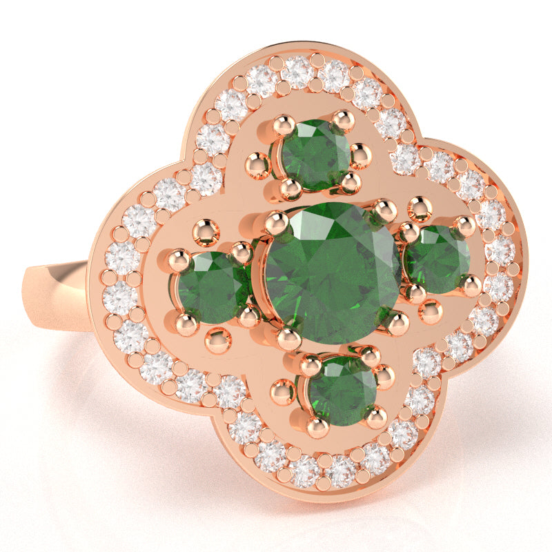 Shamrock Clover Flower Leaf Lab-Created Emerald Diamond Ring In 14k Rose Gold