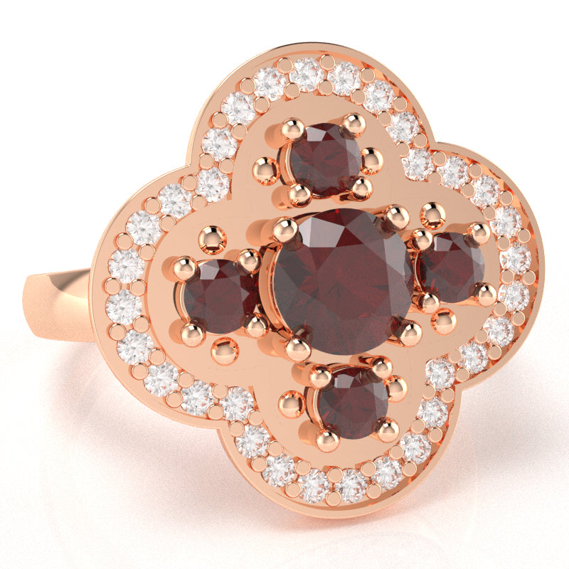 Shamrock Clover Flower Leaf Lab-Created Ruby Diamond Ring In 14k Rose Gold