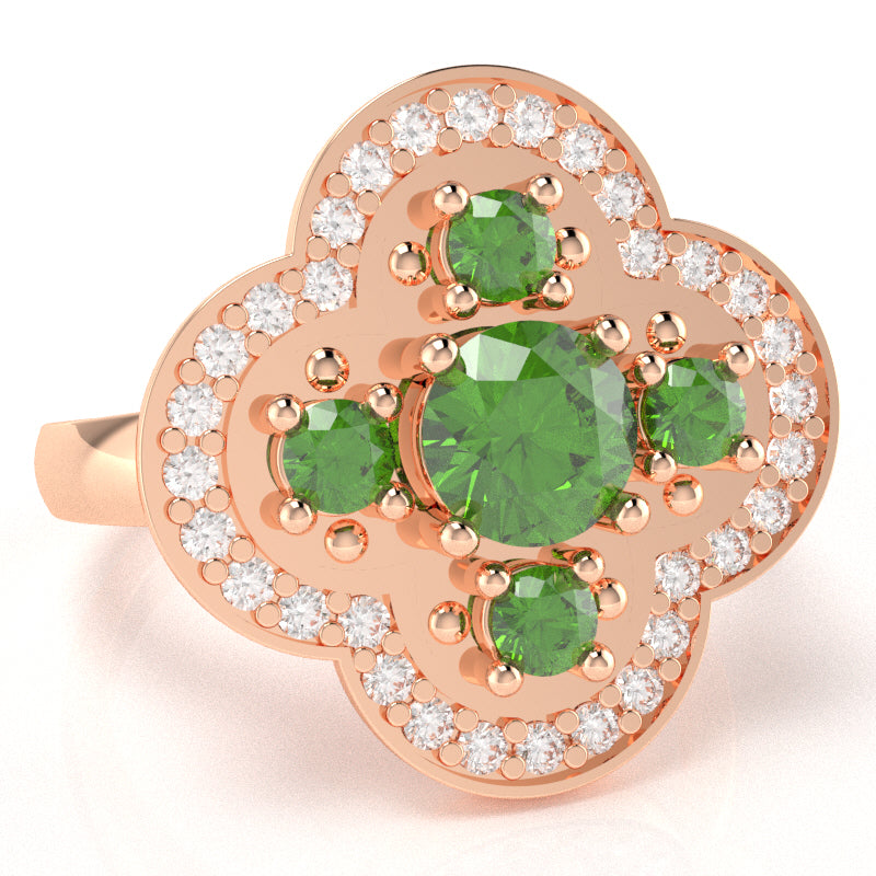 Shamrock Clover Flower Leaf Peridot Diamond Ring In 14k Rose Gold