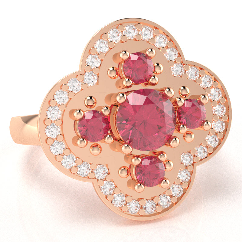 Shamrock Clover Flower Leaf Pink Tourmaline Diamond Ring In 14k Rose Gold