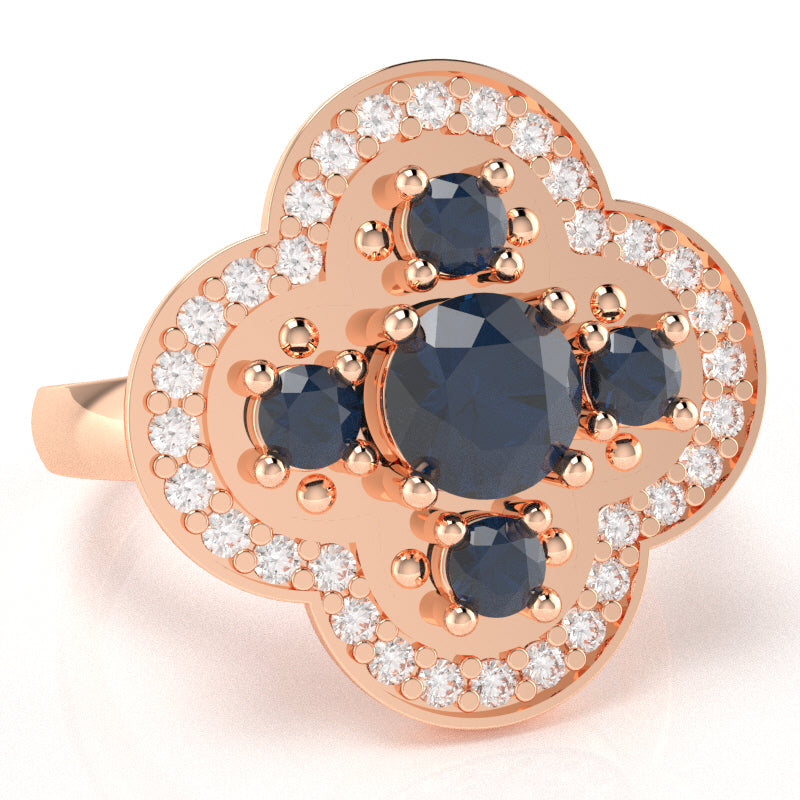Shamrock Clover Flower Leaf Lab-Created Sapphire Diamond Ring In 14k Rose Gold