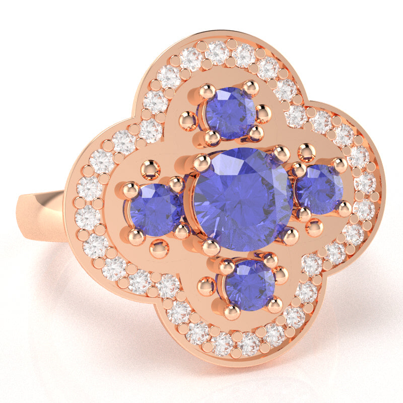 Shamrock Clover Flower Leaf Tanzanite Diamond Ring In 14k Rose Gold