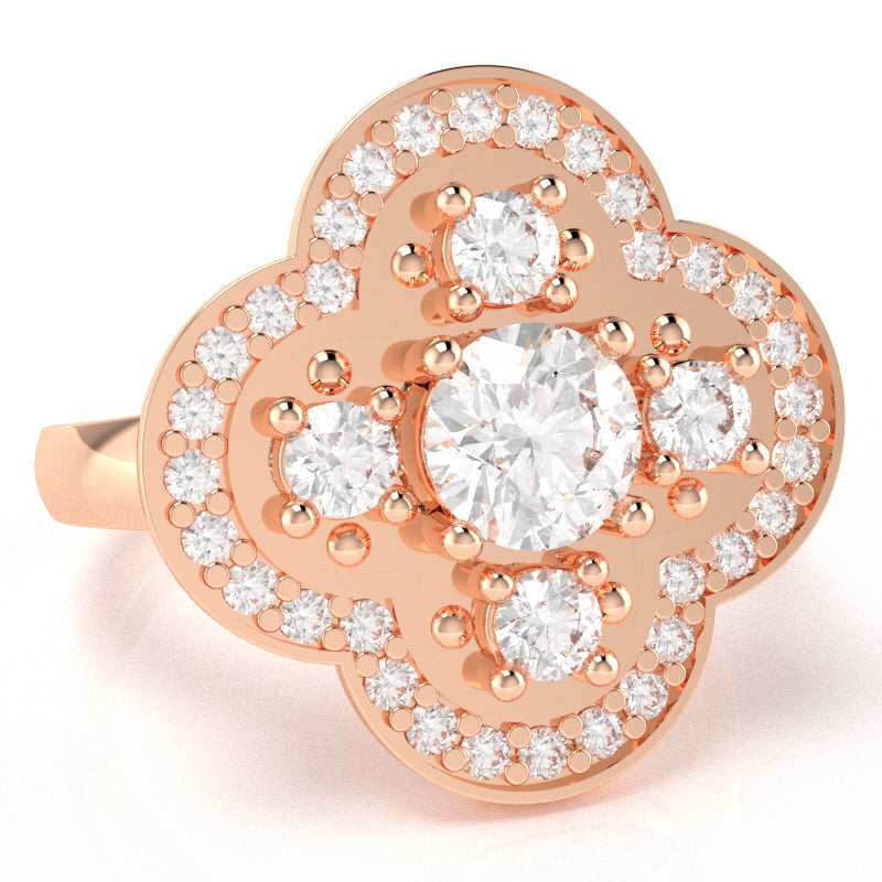 Shamrock Clover Flower Leaf White Topaz Diamond Ring In 14k Rose Gold