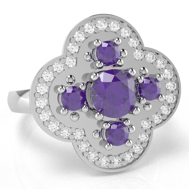 Shamrock Clover Flower Leaf Amethyst Diamond Ring In 14k White Gold