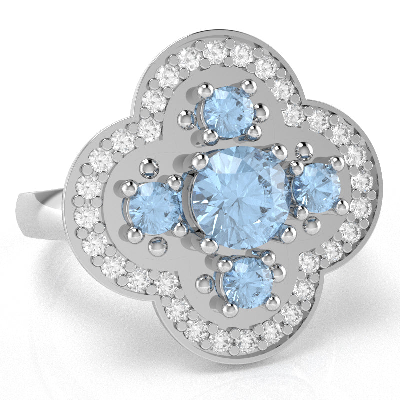 Shamrock Clover Flower Leaf Aquamarine Diamond Ring In 14k White Gold