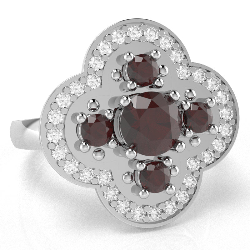 Shamrock Clover Flower Leaf Garnet Diamond Ring In 14k White Gold