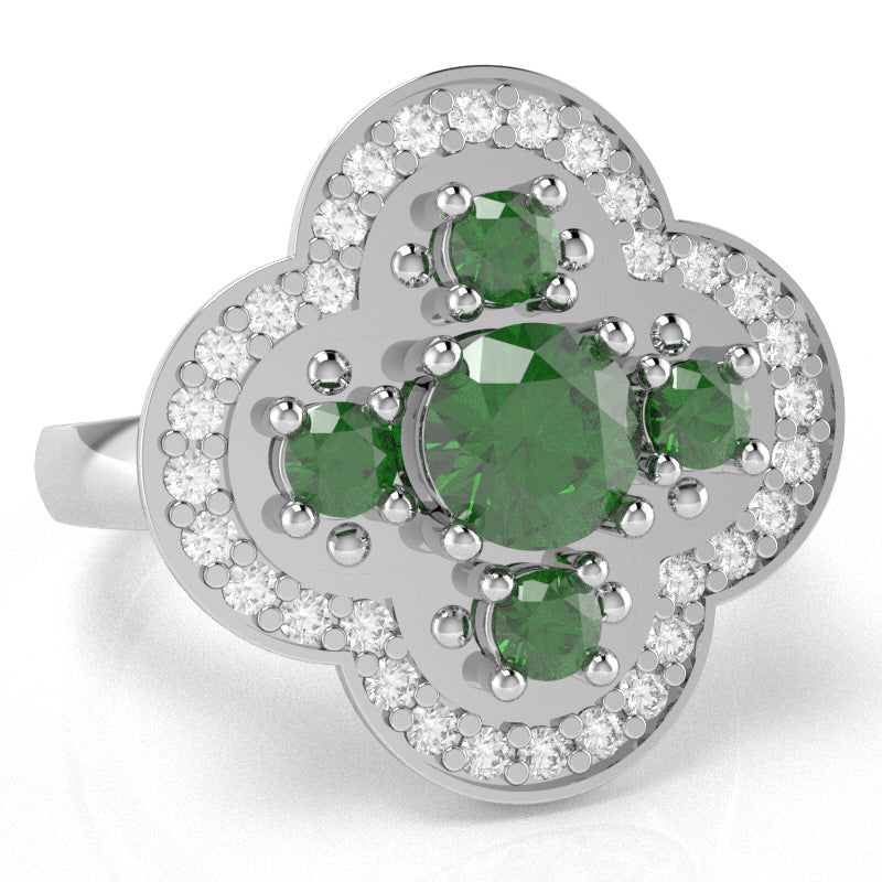 Shamrock Clover Flower Leaf Lab-Created Emerald Diamond Ring In 14k White Gold