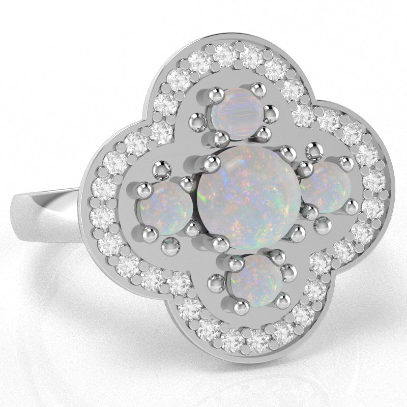 Shamrock Clover Flower Leaf Opal Diamond Ring In 14k White Gold