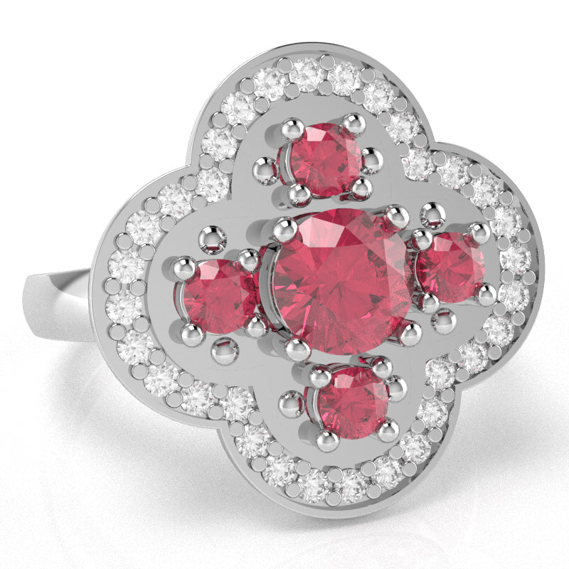 Shamrock Clover Flower Leaf Pink Tourmaline Diamond Ring In 14k White Gold