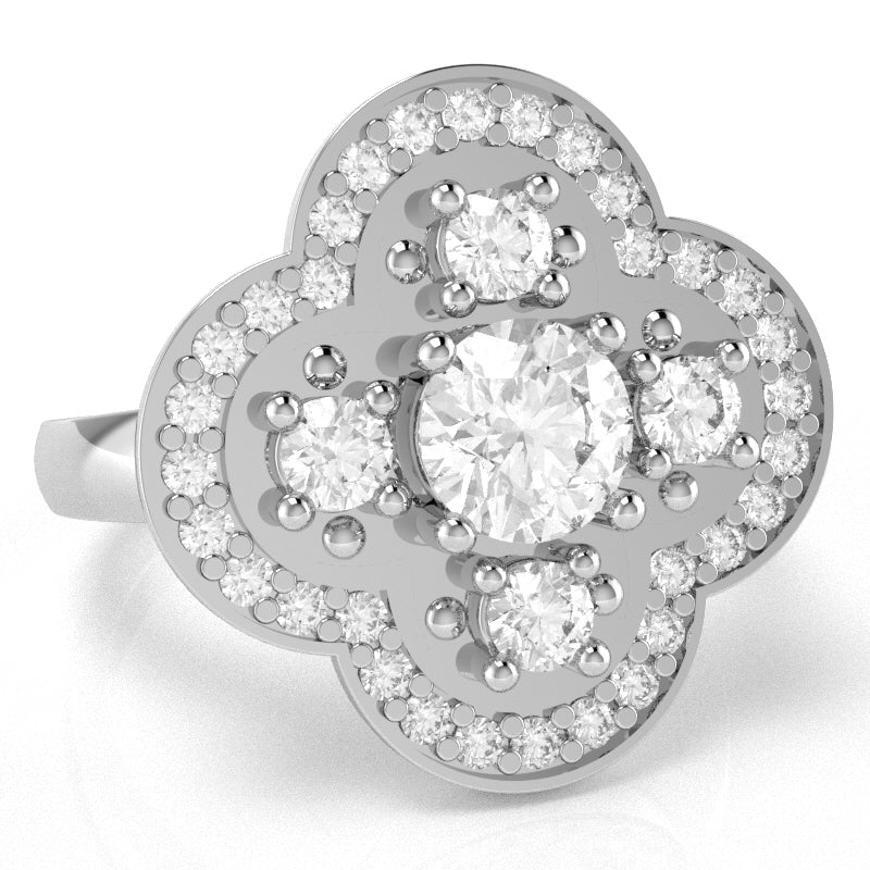 Shamrock Clover Flower Leaf White Topaz Diamond Ring In 14k White Gold