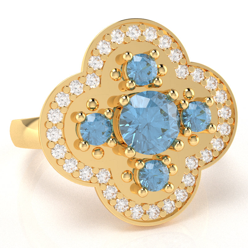 Shamrock Clover Flower Leaf Blue Topaz Diamond Ring In 14k Yellow Gold