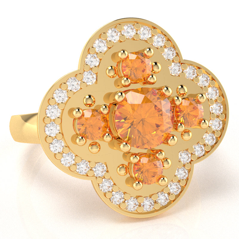 Shamrock Clover Flower Leaf Citrine Diamond Ring In 14k Yellow Gold