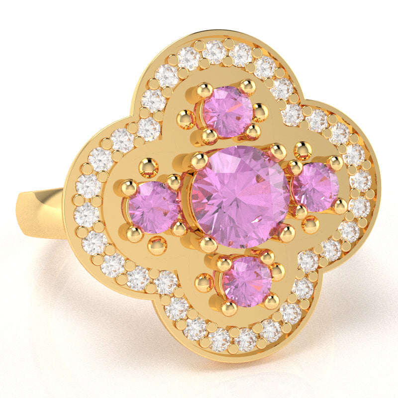 Shamrock Clover Flower Leaf Lab-Created Pink Sapphire Diamond Ring In 14k Yellow Gold
