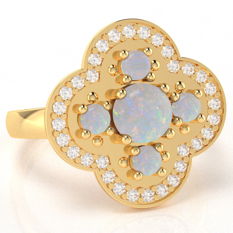 Shamrock Clover Flower Leaf Opal Diamond Ring In 14k Yellow Gold