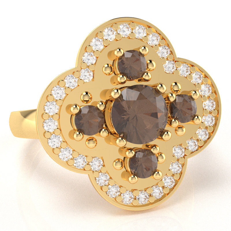 Shamrock Clover Flower Leaf Smoky Quartz Diamond Ring In 14k Yellow Gold