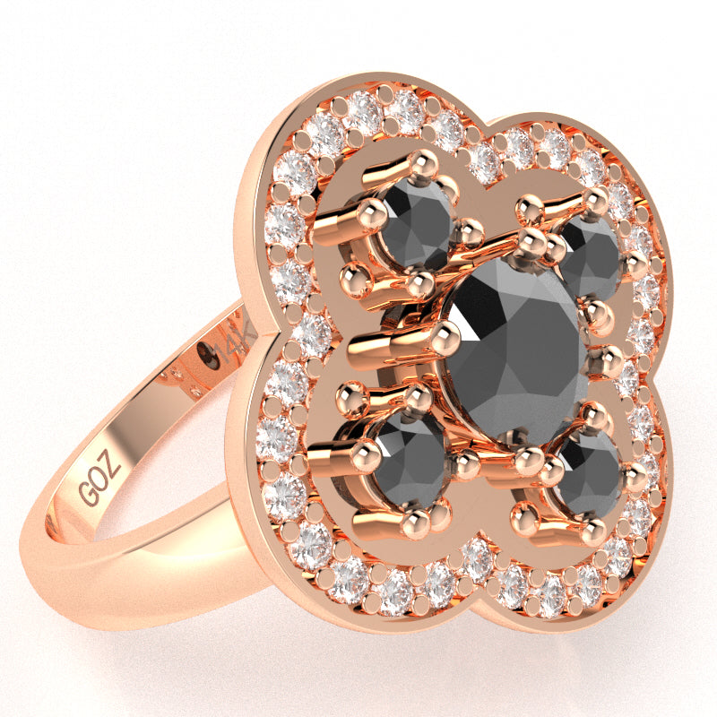 Shamrock Clover Flower Leaf Black Onyx Diamond Ring In 14k Rose Gold
