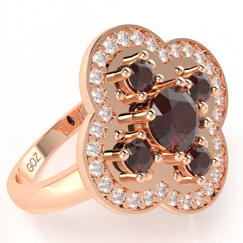Shamrock Clover Flower Leaf Garnet Diamond Ring In 14k Rose Gold