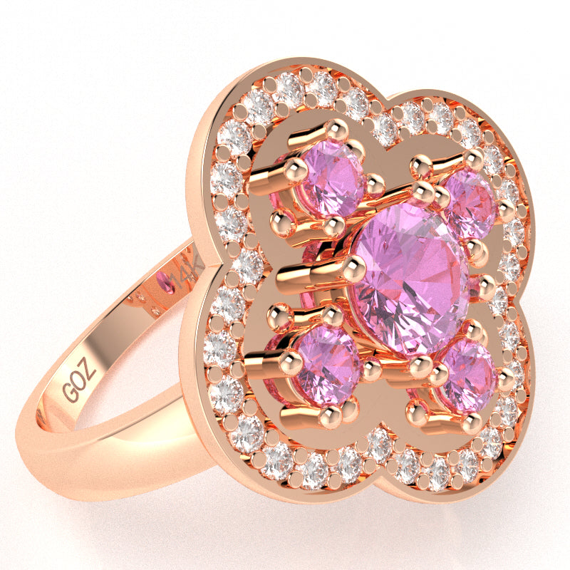 Shamrock Clover Flower Leaf Lab-Created Pink Sapphire Diamond Ring In 14k Rose Gold