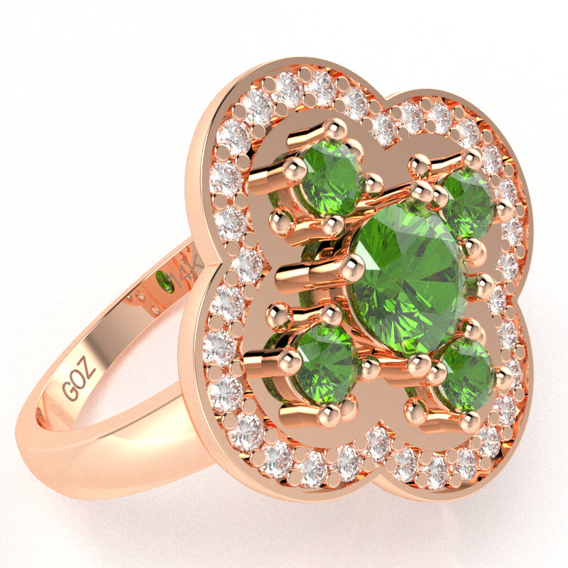 Shamrock Clover Flower Leaf Peridot Diamond Ring In 14k Rose Gold
