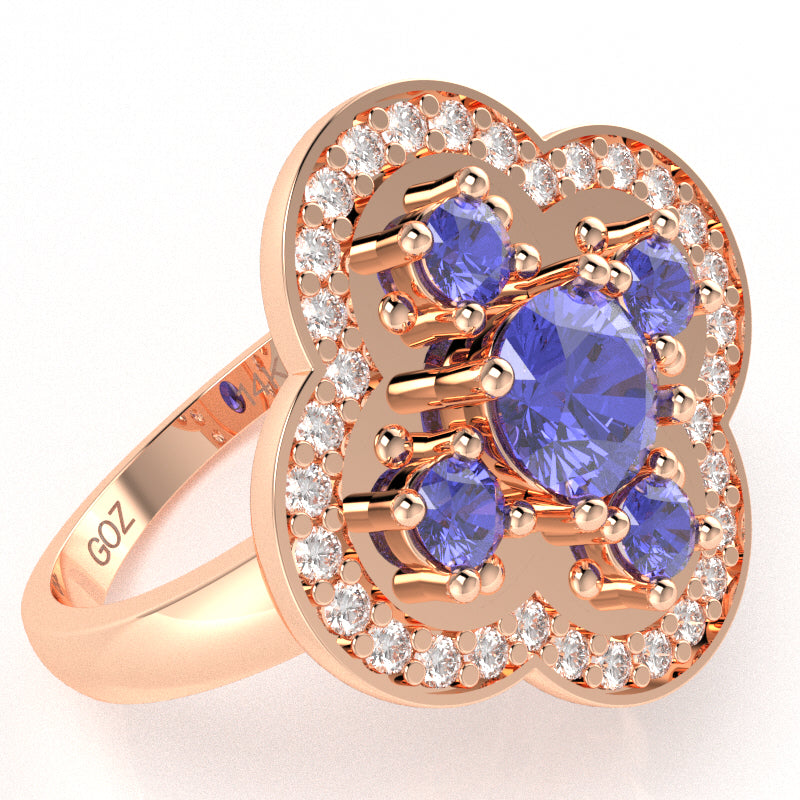 Shamrock Clover Flower Leaf Tanzanite Diamond Ring In 14k Rose Gold