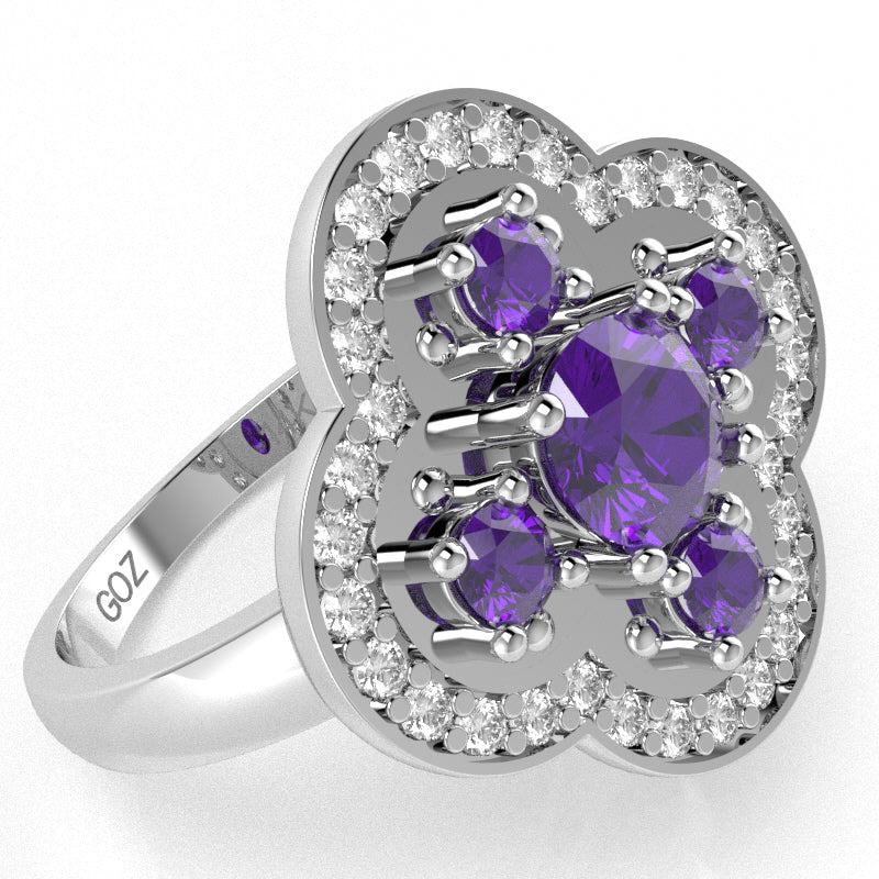 Shamrock Clover Flower Leaf Amethyst Diamond Ring In 14k White Gold
