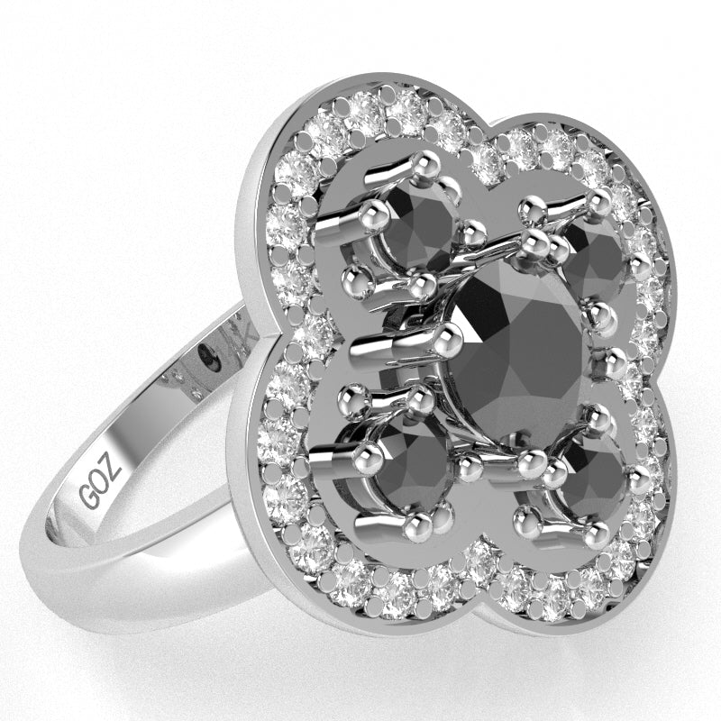 Shamrock Clover Flower Leaf Black Onyx Diamond Ring In 14k White Gold