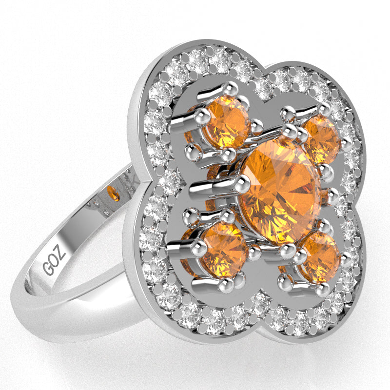 Shamrock Clover Flower Leaf Citrine Diamond Ring In 14k White Gold