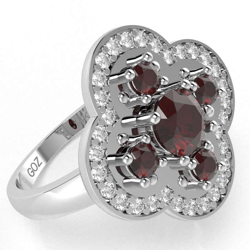 Shamrock Clover Flower Leaf Garnet Diamond Ring In 14k White Gold