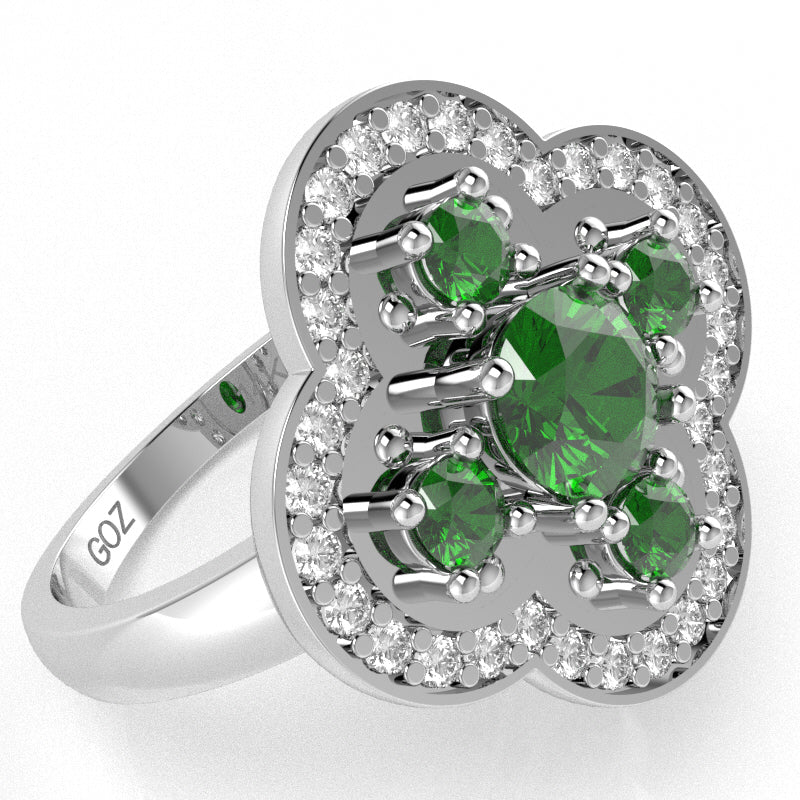 Shamrock Clover Flower Leaf Lab-Created Emerald Diamond Ring In 14k White Gold