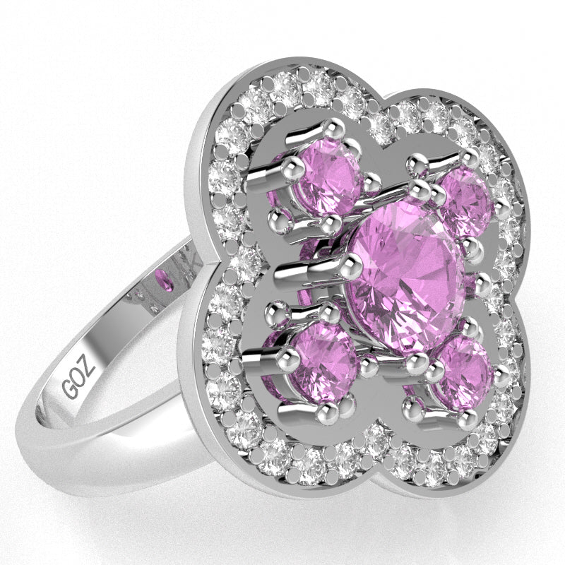 Shamrock Clover Flower Leaf Lab-Created Pink Sapphire Diamond Ring In 14k White Gold