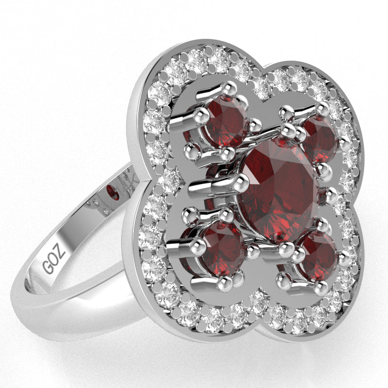 Shamrock Clover Flower Leaf Lab-Created Ruby Diamond Ring In 14k White Gold