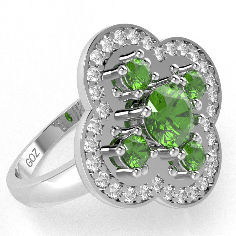 Shamrock Clover Flower Leaf Peridot Diamond Ring In 14k White Gold