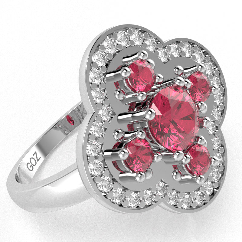 Shamrock Clover Flower Leaf Pink Tourmaline Diamond Ring In 14k White Gold