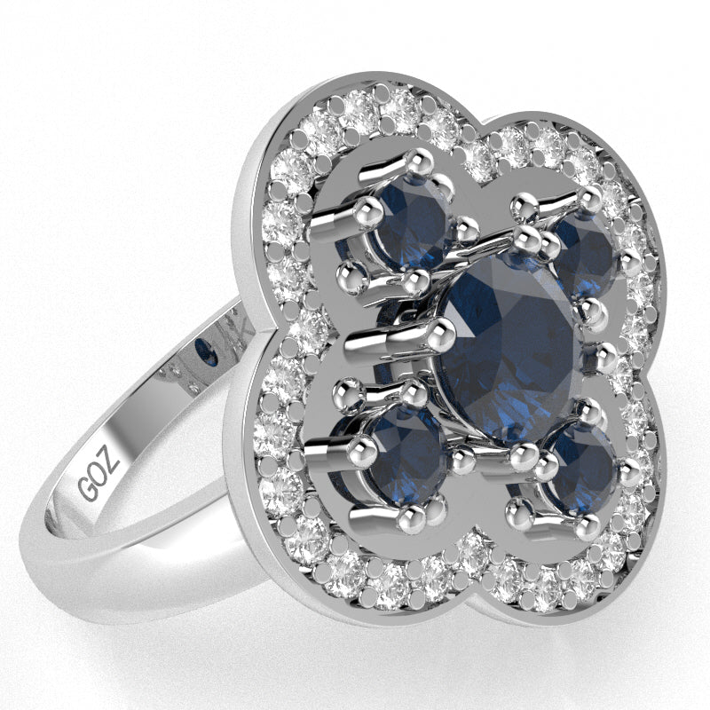 Shamrock Clover Flower Leaf Lab-Created Sapphire Diamond Ring In 14k White Gold