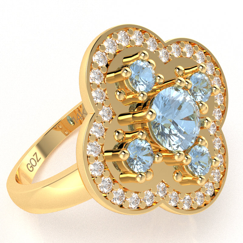 Shamrock Clover Flower Leaf Aquamarine Diamond Ring In 14k Yellow Gold