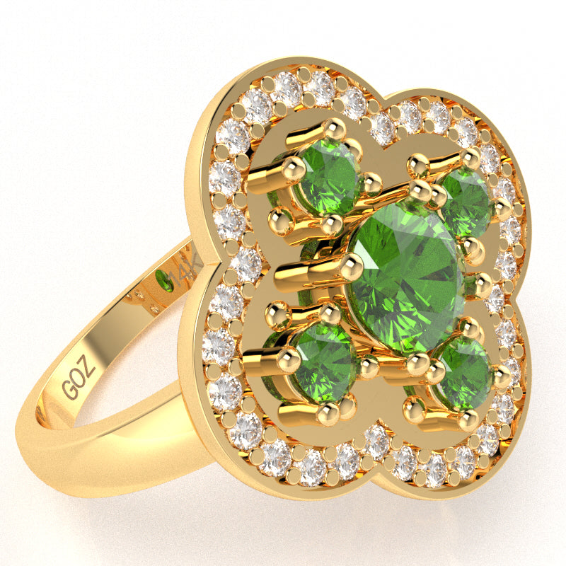 Shamrock Clover Flower Leaf Peridot Diamond Ring In 14k Yellow Gold