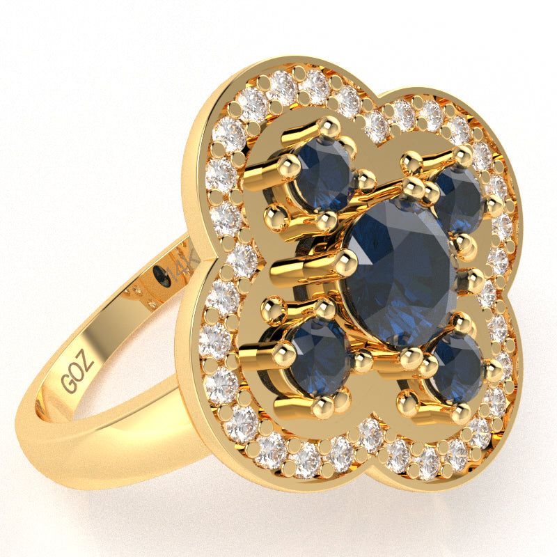 Shamrock Clover Flower Leaf Lab-Created Sapphire Diamond Ring In 14k Yellow Gold