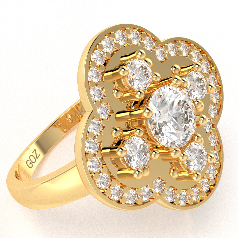 Shamrock Clover Flower Leaf White Topaz Diamond Ring In 14k Yellow Gold