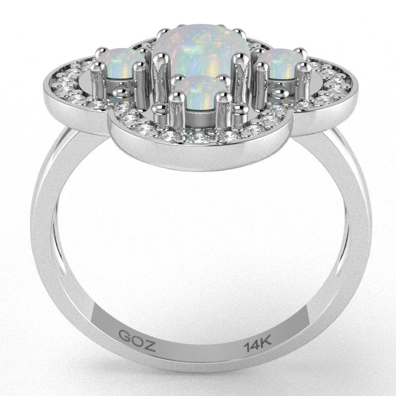 Shamrock Clover Flower Leaf Opal Diamond Ring In 14k White Gold