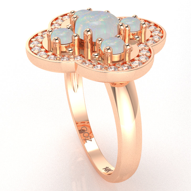 Shamrock Clover Flower Leaf Opal Diamond Ring In 14k Rose Gold